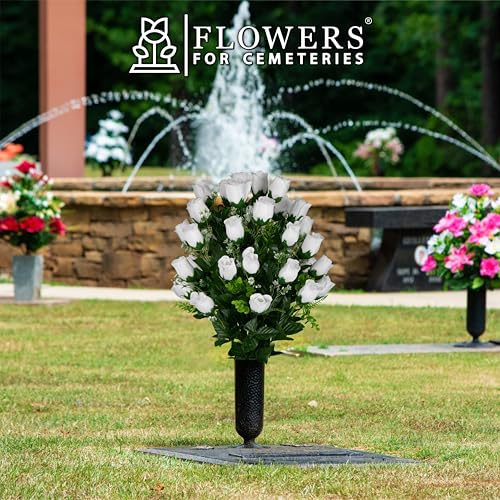 Artificial Cemetery Flowers - Gravesite Flowers - White Roses - color: White Roses, size: (1) Bouquet