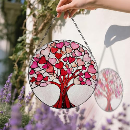 Stained Glass Window Hanging - 8 Inch Love Heart Tree Suncatcher, Sun Catchers Indoor Window | Valentine’s Day, Mother's Day, Christmas, Anniversary, Birthday Gifts for Lover, Wife, Girlfriend, Mom - color: Heart Tree