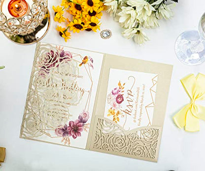 Customized inner page Laser Cut Wedding Invitations Card Pocket with Envelope for Birthday Party Baby or Bride Shower Invite suitable for 5 * 7 Inches Insert Paper (50 PCS Personalized Printed) - color: 50 PCS Personalized Printed