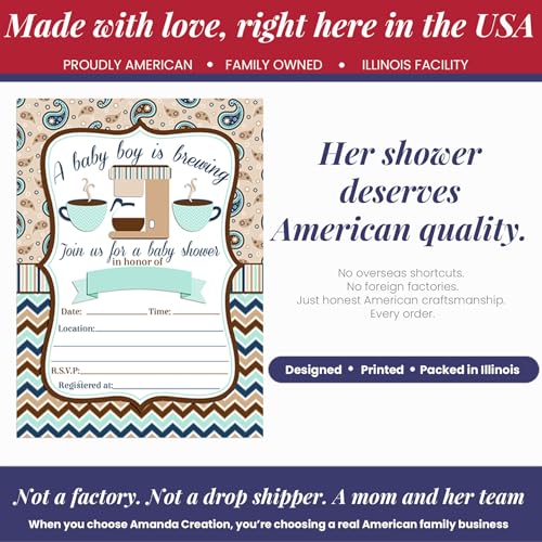 Amanda Creation 20 Baby Shower Invitations with Envelopes – A Baby is Brewing Coffee Themed Fill-In Cards for Baby Boy Sprinkle, 5x7 Blank Invites, Made in USA - style: Coffee