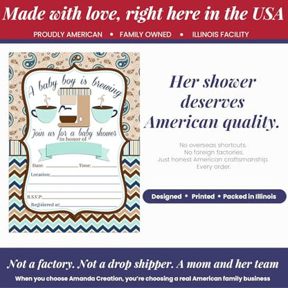 Amanda Creation 20 Baby Shower Invitations with Envelopes – A Baby is Brewing Coffee Themed Fill-In Cards for Baby Boy Sprinkle, 5x7 Blank Invites, Made in USA - style: Coffee