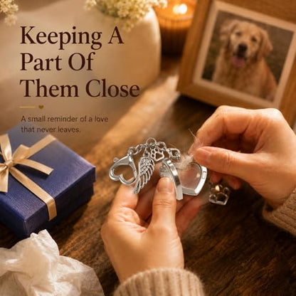 Dog Memorial Gift for Loss of Dog, Pet Hair Keepsake with Angel Wing Charm, Rainbow Bridge Sympathy Gift for Grieving Pet Owners, Heart Memorial Keepsake for Dog and Cat Lovers