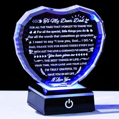 YWHL Gifts for Dad from Daughter Son with Colorful Light Base Birthday Gifts for Dad Crystal Heart Keepsake Thank You Gift Idea To My Father Present on Fathers Day Christmas Thanksgiving - color: Dad Gifts