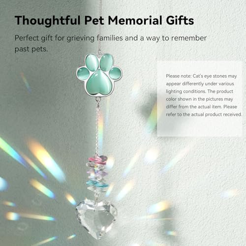 Dog Memorial Gifts, Pet Memorial Suncatcher, Loss of Dog Sympathy Gift | Thoughtful Dogs and Cats Bereavement Remembrance Gifts, Natural Cat's Eye Stone Paw Crystal Suncatcher - color: Jade