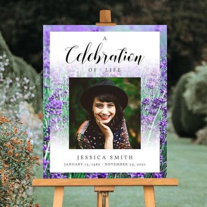 Funeral Favors Personalized - Celebration Of Life Sign - Funeral Picture Yard Sign - Memorial Sign - Celebration of Life Poster - Purple Lavender Flowers Funeral Welcome Sign - In Loving Memory Sign - color: Multi 1