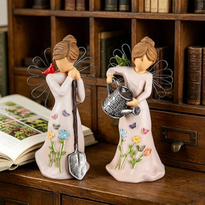 Gardening Gifts for Women - 2 Piece Unique Garden Angel Figurine | 5.9"with Watering & Shovel, Housewarming Gift for Mom Grandma Friend, Sculpted Resin Angel Statues & Friendship - style: Gardening