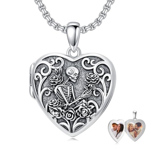 Personalized Heart Locket Necklace That Holds Pictures 925 Sterling Silver Custom Photo Lockets Necklaces Jewelry Gifts for Family Women Lover - color: Skull Rose, style: Locket Only