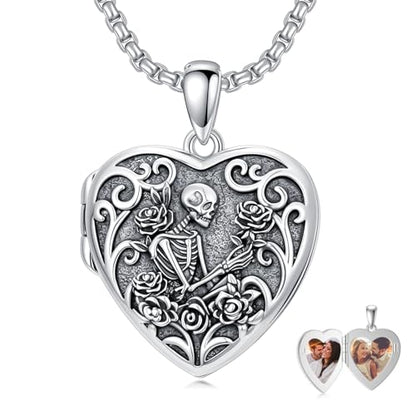 Personalized Heart Locket Necklace That Holds Pictures 925 Sterling Silver Custom Photo Lockets Necklaces Jewelry Gifts for Family Women Lover - color: Skull Rose, style: Locket Only