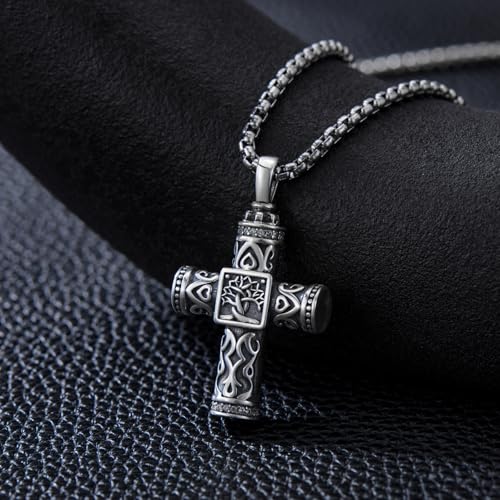 925 Sterling Silver Urn Necklace for Ashes, Teardrop/Tree of Life/Sunflower/Dragonfly/Sea Turtle/Celtic Knot/Elephant/Hummingbird Memorial Cremation Pendant Necklaces for Animal Human Ashes - color: A1: Tree of life-Cross