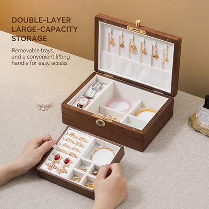 Black Walnut Wooden Lockable Jewelry Box, 2 Layer Organizer Case for Women - color: 2 Layer Lockable