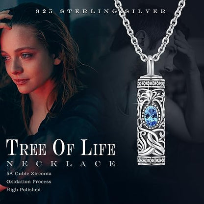 Urn Necklace for Ashes Cremation Jewelry 925 Sterling Silver Ashes Pendant Necklace Memorial Jewelry Gifts for Women Men Girls Boys - style: Tree of life-C-March-Aquamarine