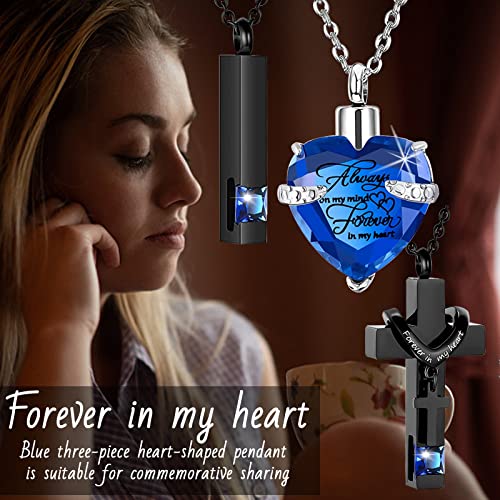 weikui 3 Pieces Heart Cross Cubic Urn Necklace for Ashes for Men Women Cremation Jewelry Crystal Memorial Locket Ashes Pendant Family Keepsake Sharing Jewelry Set - color: 3 Black Pendants - Blue Custom