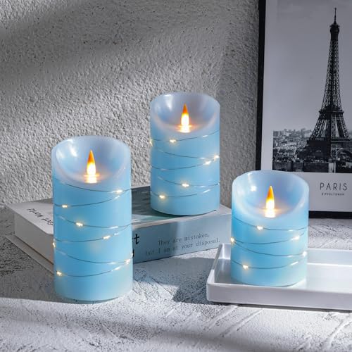 Rechargeable LED Candles, Real Wax, 4 5 6 in, Sky Blue, 3 Pack | USB Rechargeable Real Wax Candles with Remote, Timer and Star Lights - color: Blue