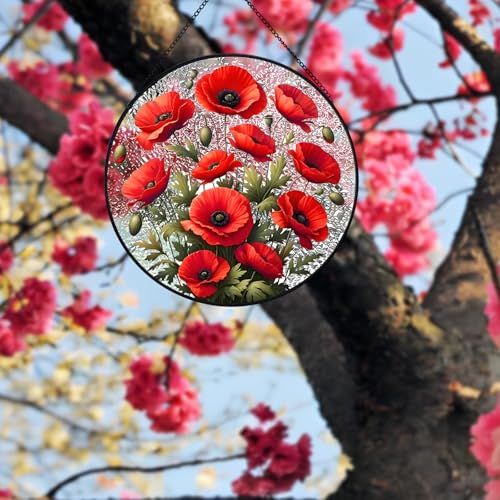 RIVEENY Poppy Hanging Stained Glass for Windows, Hand-Painted Sun Catcher Garden Hangings Christmas Mother's Day Valentine's Day Ornaments Festival Gift - color: Poppy
