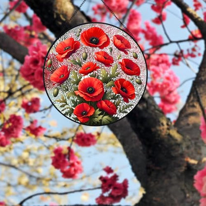 RIVEENY Poppy Hanging Stained Glass for Windows, Hand-Painted Sun Catcher Garden Hangings Christmas Mother's Day Valentine's Day Ornaments Festival Gift - color: Poppy