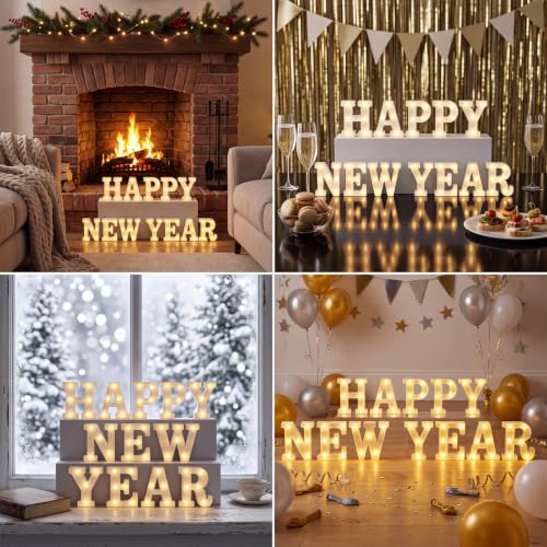 12 Pcs Happy New Year Decorations 2027 New Year's Eve Light up Signs Battery Powered LED Letter Lights for Wall Shelf Table 2027 Midnight Celebration Party Supplies Winter Home Decor - style: Happy New Year