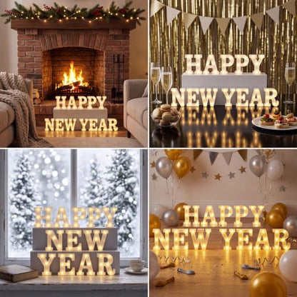 12 Pcs Happy New Year Decorations 2027 New Year's Eve Light up Signs Battery Powered LED Letter Lights for Wall Shelf Table 2027 Midnight Celebration Party Supplies Winter Home Decor - style: Happy New Year
