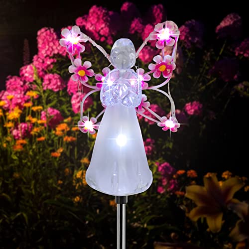 Solar Garden Lights, LED Angel Solar Landscape Decorative Lights, Outdoor Waterproof Solar Garden Stake Lights, Solar Pathway Lights for Patio Yard Lawn Grave Cemetery, Memorial Sympathy Gift (Pink) - color: Pink