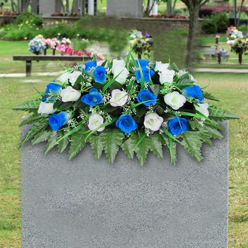 LVXINLI Artificial Cemetery Flower-Outdoor Grave Saddle Headstone Decorations,Blue and White Rose Memorial Day Flowers for gravesite (Blue and White)… - color: Blue and White
