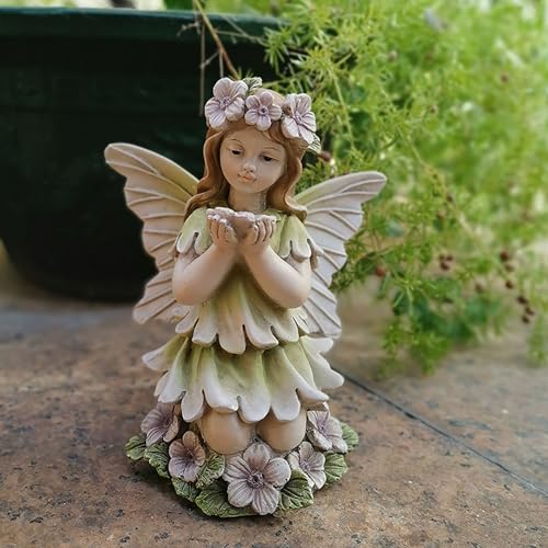 Resin Praying Angel Statue with Flowers, Outdoor Garden Decor Hand Painted Fairy Figurine, Realistic Sitting Angel Sculpture, Creative Decoration Craftsfor Patio Yard Porch Lawn Ornaments (B, 1PCS) - color: B