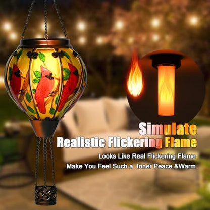 Hot Air Balloon Solar Lantern - Large Cardinal Bird Glass Lantern, Simulated Flickering & Dancing Flame, Big Outdoor Hanging Yard Light Waterproof IP65 for Patio Lawn Porch Decor Gift - style: Cardinal -Large01