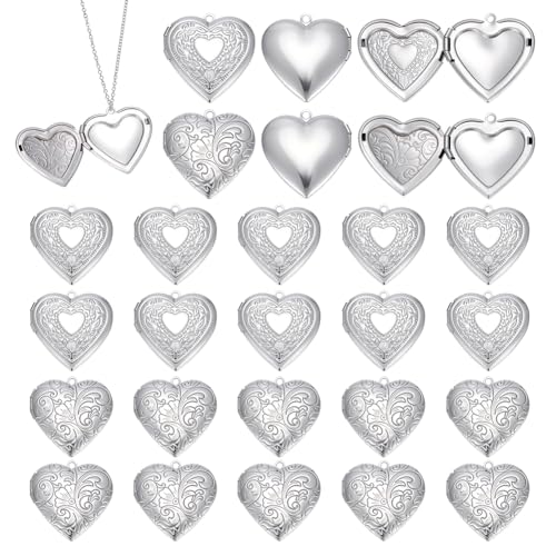 PLIGREAT 24 Pcs Silver Heart Photo Frame Charms, Stainless Steel Pendant Holds Pictures Heart Open Locket Memorial Pendant Photo Charms for DIY Necklace Bracelet Jewelry Making, 2 Styles