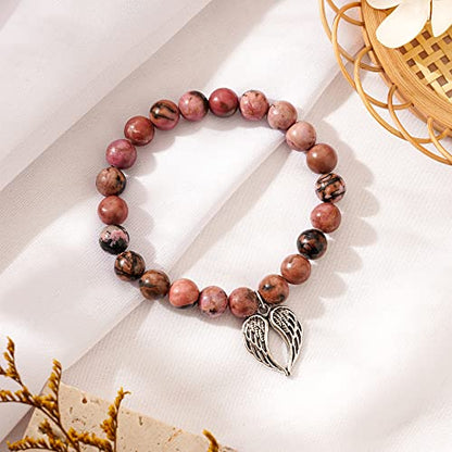 QWNHONEY Memorial Gifts for Loss of Loved Sympathy Remembrance In Memory of Mother Father Pet Bereavement Grief Pink Red Beads Bracelet with Angle Wings Jewelry Gifts for Women - style: Redbean-Wings-I was always his angel, now he's mine