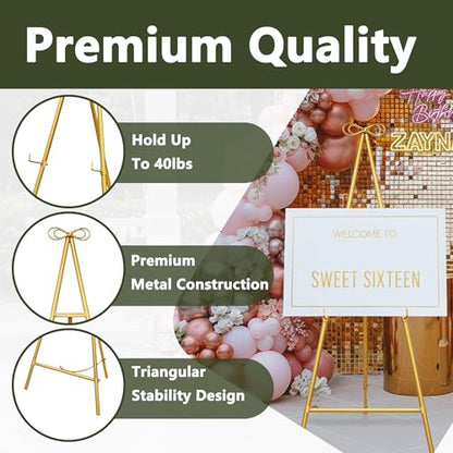 Gold Easel Stand for Sign, 55'' Adjustable Easel Stand for Display, Metal Easel Display Stand Heavy Duty(Round Tube) - color: Gold