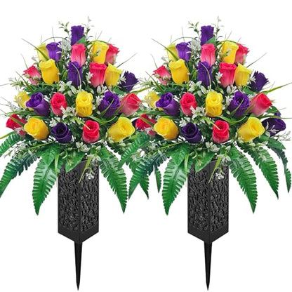 Mirevielyn 24-Stem Artificial Rose Cemetery Flowers with Spiked Vases - color: Red, Yellow & Purple