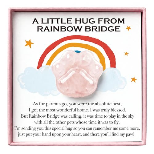 LINGYUAN Rose Quartz Pet Memorial Gift, Natural Paw Print Stone with Rainbow Bridge Card, Sympathy Keepsake for Loss of Dog or Cat - color: Rose Quartz Rainbow Bridge