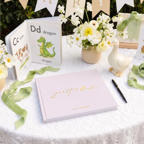 Wedding Guest Book, Polaroid Photo Guestbook for Baby Shower, Blank Pages | Table Sign Included, Gold Stamping, Hardcover, 9x7.5", Perfect for Bridal Party & Baby Shower, Pink - color: Lavender