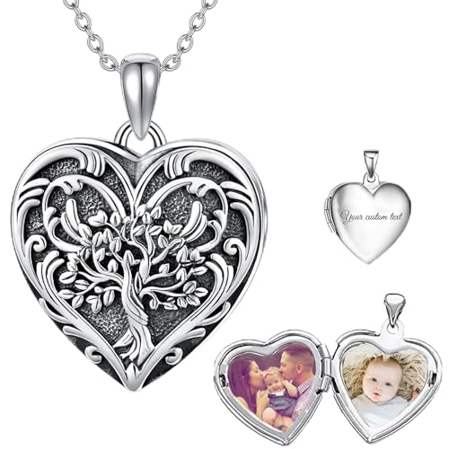 SOULMEET Personalized Tree of Life/Palm Tree Heart Locket Sterling Silver Necklace That Holds 1 or 2 Pictures Memorial Vintage Photo Locket Custom Any Photo Healing Gift - style: A3-Tree Locket Custom 2 Photoes&Text