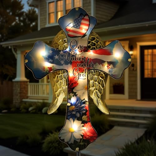 33.5in Independence Day Solar Cross Iron Angel Wing Memorial Stake | IP65 Waterproof、Cemetery Decor、Patriotic Yard Art、Sympathy Gift - color: Flag with Flower