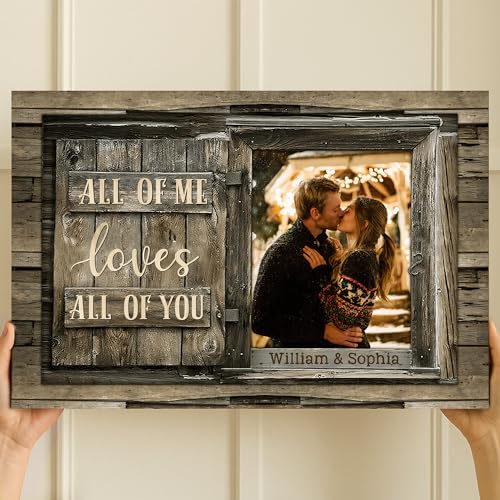 KiKiLuna Personalized “All Of Me Loves All Of You” Framed Canvas Wall Art | Custom Photo & Names Rustic Wood Couple Decor, Ready to Hang Wedding Anniversary Valentine’s Day Gift - color: Style6