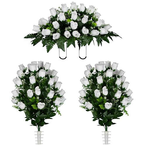 Sympathy Silks Artificial Cemetery Flowers - Gravesite Flowers - White Roses - (1) Headstone Flower Saddle & (2) Matching Bouquet - color: White Roses, size: (1) Saddle (2) Bouquet