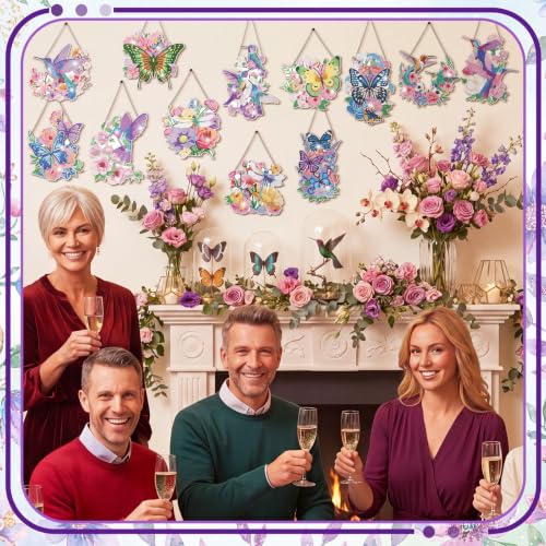 Cinnvoice Seasonal Diamond Art Hanging Kit,12 Pcs,Fluttering Garden | Hummingbird Butterfly,Holiday Diamond Art Wreath, Month Diamond Hanging Ornaments,Suncatcher, for Door Window Wall - style: Fluttering Garden