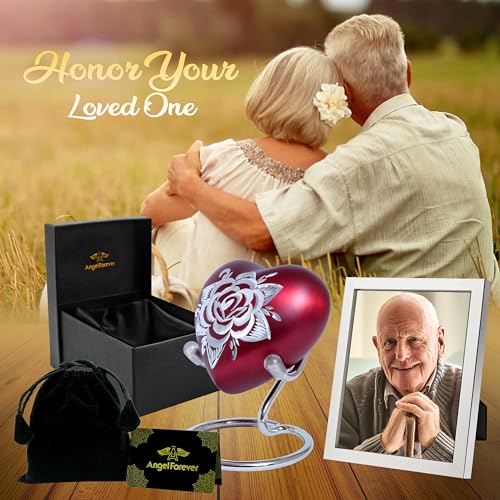 Rose Heart Keepsake Urn for Human Ashes Floral Mini Memorial Urn with Stand & Velvet Gift Box (Red) - color: Red
