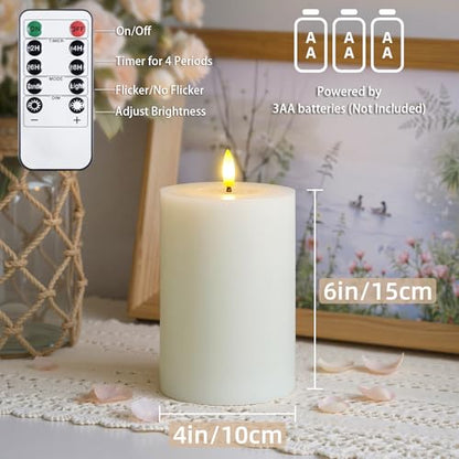 Flameless Real Wax 4" x6" Ivory Timer Remote Pillar Candle Grease Design, Battery Operated Long Lasting 3D Wick LED Flickering Pack of 2 Fake Candles Warm Light