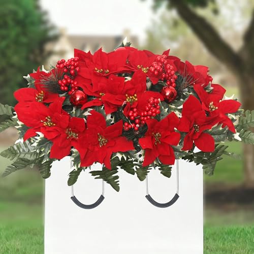 Lodou Christmas Cemetery Flowers Saddle - Red Poinsettias & Berries Plastic Grave Memorial Decor, Fade-Resistant for 60-90 Days, Weatherproof (Red) - color: Red