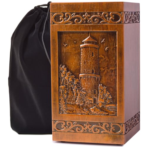 KIMNAG Wooden Cremation Urn for Human Wood Ashes Decorative box Funeral Urns for Adult Male Female with Satin Bag Burial or Memorial Keepsake (Lighthouse (XL) 250lbs)