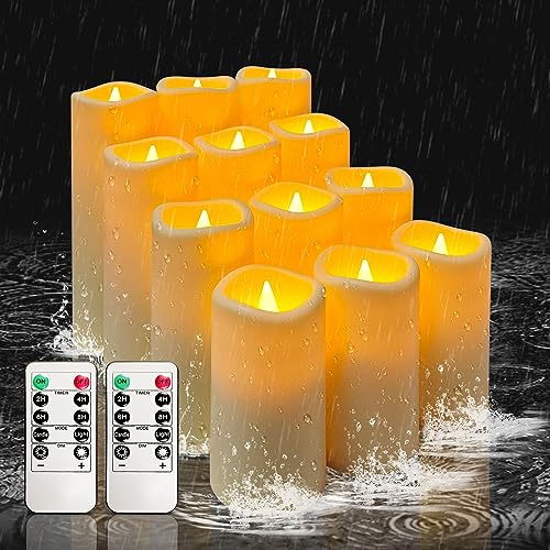 YIWER Waterproof Outdoor Flameless Candle, 12 Pcs Plastic Candles Pillars, 4" 5" 6" 7" LED Candles and 10-Key Remote Control with 2/4/6/8-hours Timer Function,300+ Hours (12, Ivory) - color: D2.2"-Waterproof, size: 12PCS