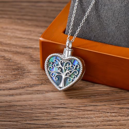 Tree of Life Urn Necklace for Ashes, S925 Sterling Silver Hummingbird/Cross/Love Heart Pendant Cremation Jewelry with Funnel Filler Memorial Keepsake Gifts for Women Men - color: Heart Abalone Shell Urn Necklace