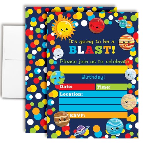 Space Invites Happy Planets– Outer Space Birthday Invitations for Kids, 20 5x7 Fill In Cards with Twenty White Envelopes for Your Outer Space Birthday by AmandaCreation - style: Planets