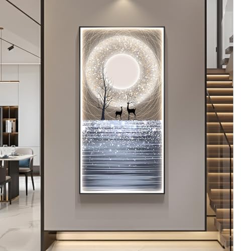 Large Framed LED Moon Wall Art for Hallway, Modern Vertical 30x60 Inch - color: Moonlight wall art