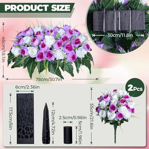 3 PCS Artificial Cemetery Flowers for Grave, Headstone Flower Saddle - color: Purple and White
