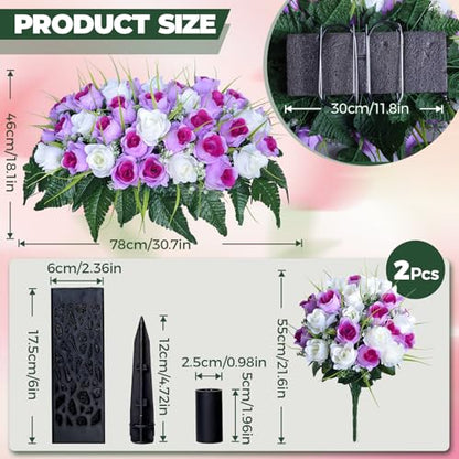 3 PCS Artificial Cemetery Flowers for Grave, Headstone Flower Saddle - color: Purple and White