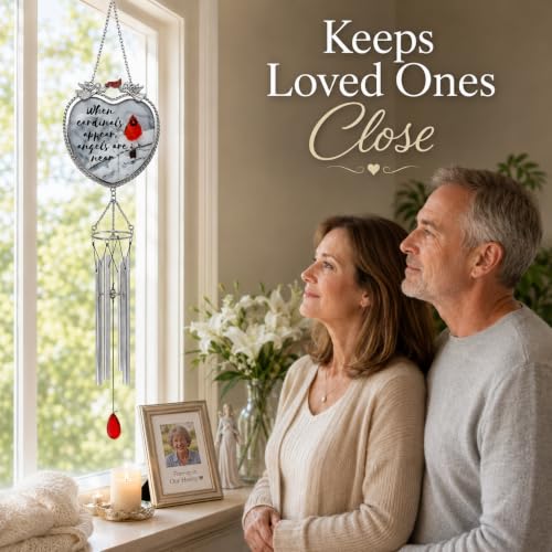 Cardinal Memorial Wind Chimes, 18 Inch Bereavement Sympathy Gift, When Cardinals Appear Angels are Near Remembrance Message, Red Cardinal Hanging Chime for Loss of Loved One, Memorial Garden Decor