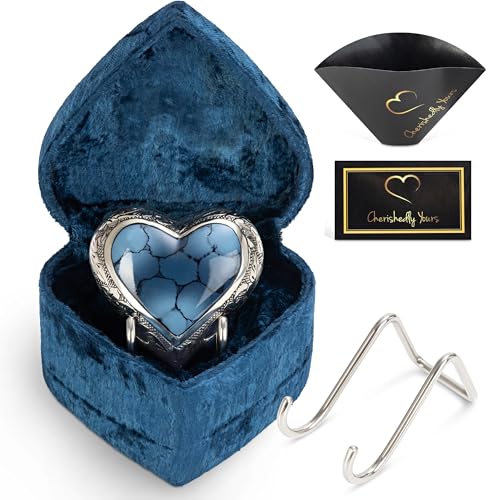 Small Heart Shaped Keepsake Cremation Urns for Human Ashes - Mini Blue Brass Urn with Velvet Heart Box and Stand - Holds Small Portion of Male or Female Human or Pet Ashes - color: Small Blue Heart Keepsake Urn