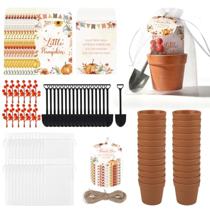 Aneco 48 Set Little Pumpkin Baby Shower Party Favors Seed Packet for Guests Include Self Adhesive Seed Envelopes Organza Bags Flowerpot Cards Shovel Berry Stems for Thanksgiving Gifts(No Seeds) - style: Autumn Pumpkin