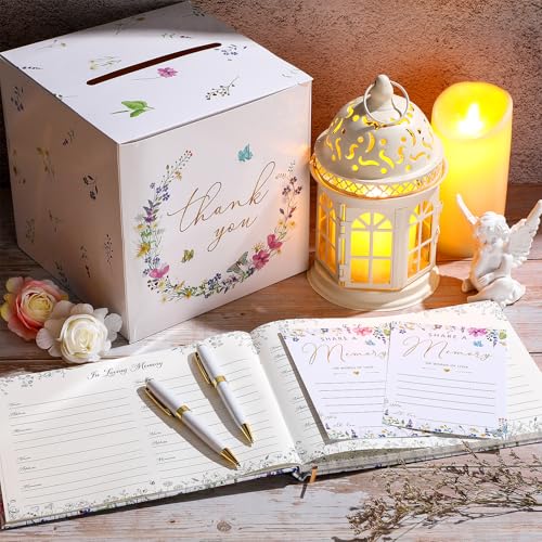 Engrowtic 54 Pcs Funeral Guest Book for Memorial Service Celebration of Life Guest Book in Loving Memory with 50 Memory Cards, Box, 2 Pens for Funeral Condolence Memorial Farewell Party Favor(Bright)